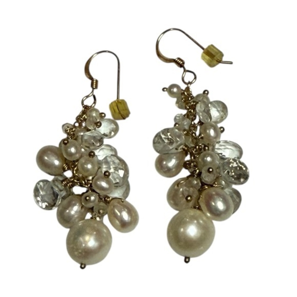 Vintage Seed Pearl & Crystal Cluster Earrings Gold-Filled French Hooks Dangle